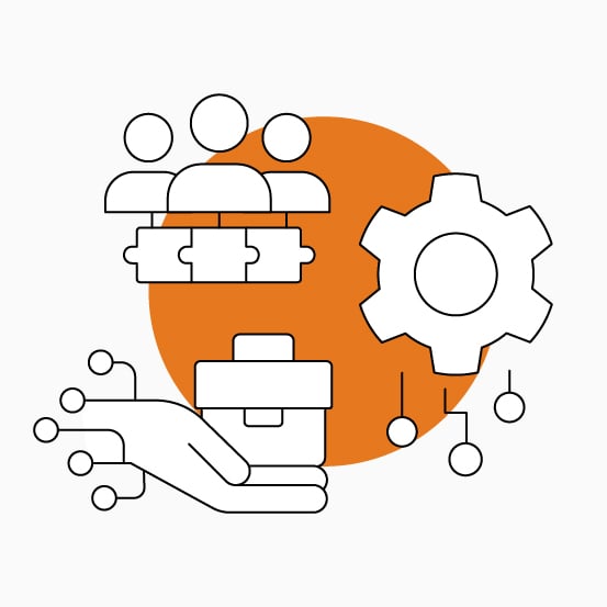 Black outlined teamwork, gear, network nodes, and supporting hand over an orange circle.