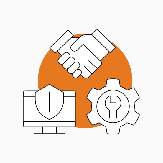 Security illustration with a handshake, shield-equipped monitor, and wrench inside a gear over an orange circle.