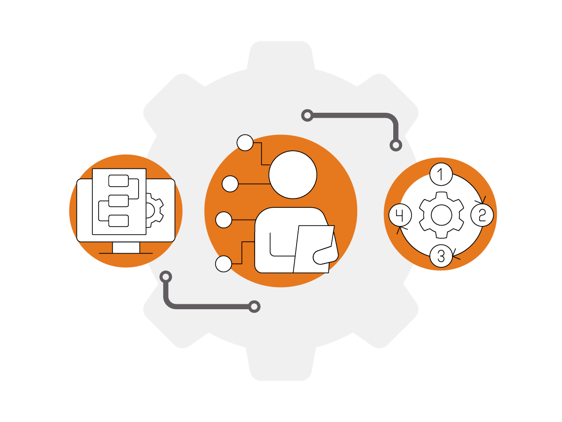 Vector illustration of computer workflow, connected user and document, and numbered gear process inside orange circles.