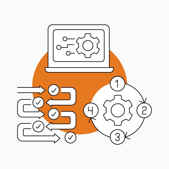 Line-art workflow illustration with a laptop, gears, numbered cycle, arrows, and checkmarked steps over an orange circle.