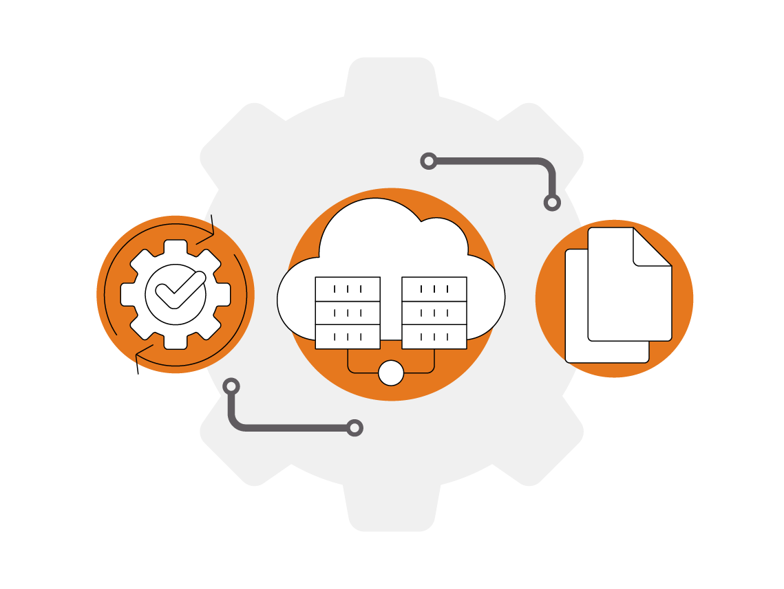 Infographic showing a checked gear, cloud servers, and documents over a gray gear background.