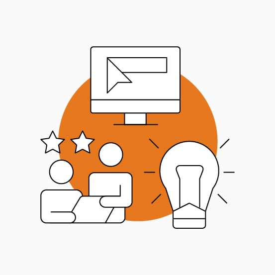 Minimalist illustration of a monitor, seated figure, stars, and light bulb over an orange circle.
