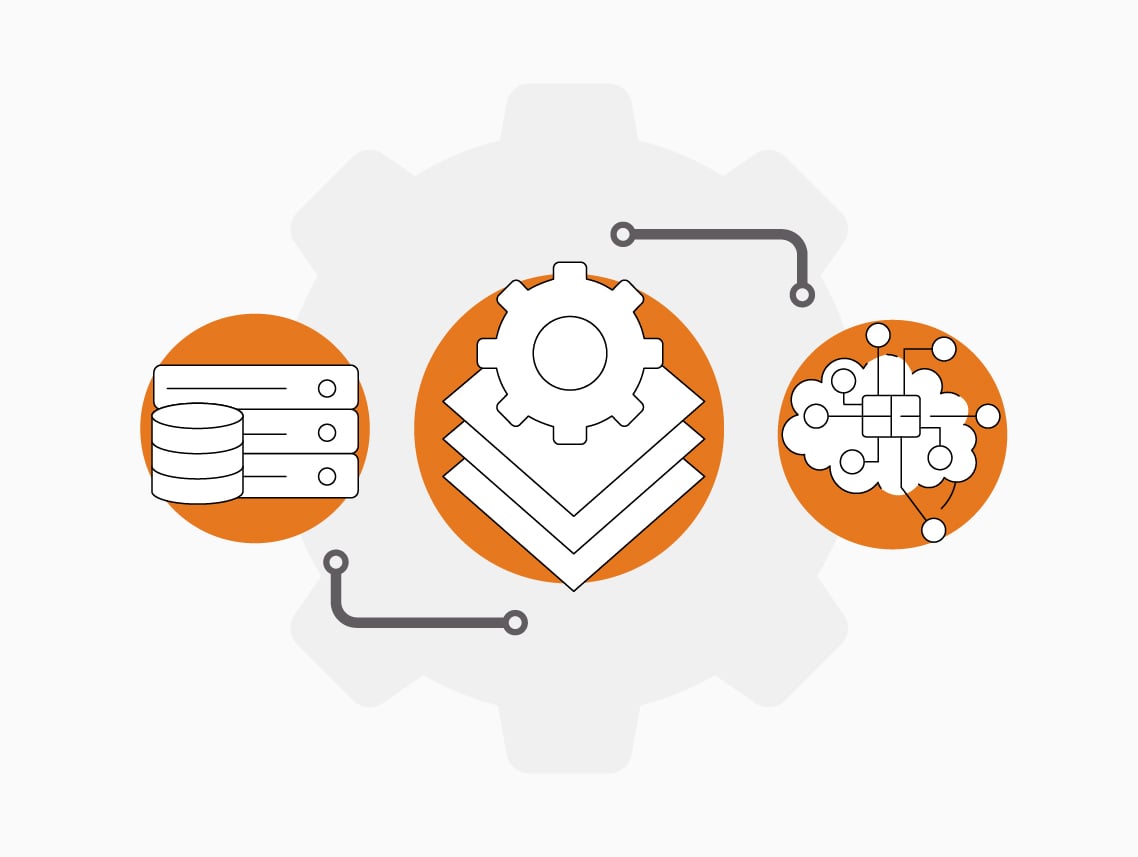 Vector illustration of database, layered gear, and cloud network icons on orange circles over a pale gear background.