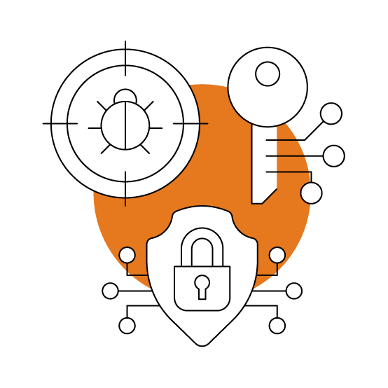 Security illustration with a target, interface nodes, orange circle, shield, and padlock.