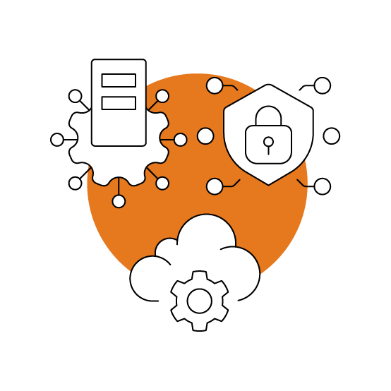 Security network illustration with a document, shield lock, connected nodes, cloud, and gear over an orange circle.