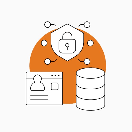 Security illustration with a shield and lock, connected nodes, ID card, and database over an orange circle.