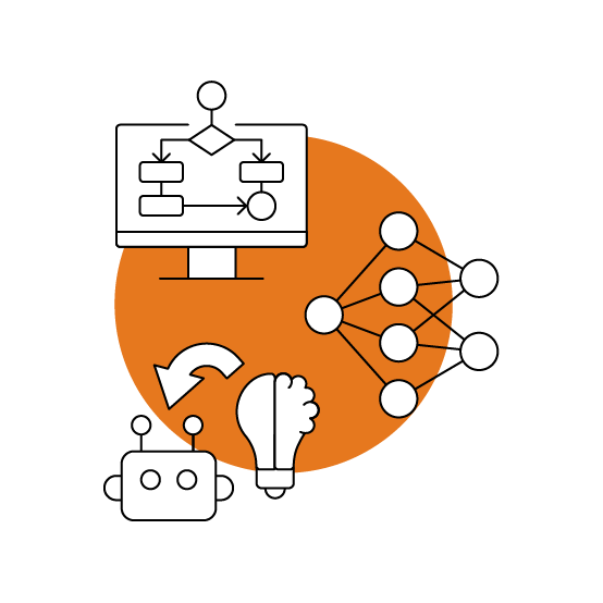 Line-art illustration of a monitor flowchart, network diagram, robot, lightbulb, and curved arrow over an orange circle.