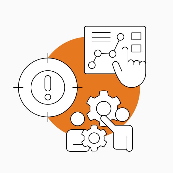 Black line illustration of a target, analytics panel, pointing hand, gears, and abstract human forms over an orange circle.