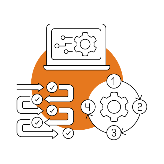 Workflow illustration with a laptop, gears, checkmarked arrows, and a numbered circular process over an orange circle.