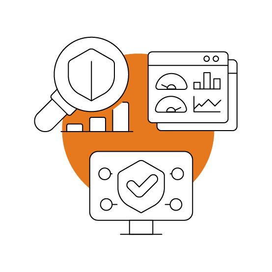 Security illustration with a magnifying glass, shield, analytics dashboard, bar charts, and protected network monitor.