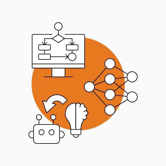Black-outlined robot, flowchart, neural network, arrow, and hand symbols over an orange circle.