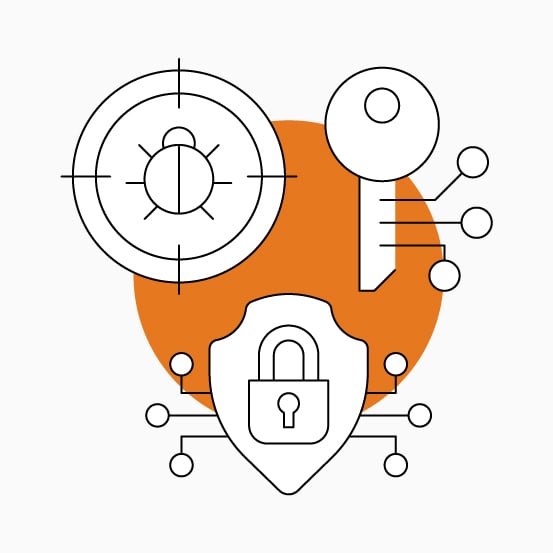 Security illustration with a target, network nodes, orange backdrop, and padlock inside a shield.