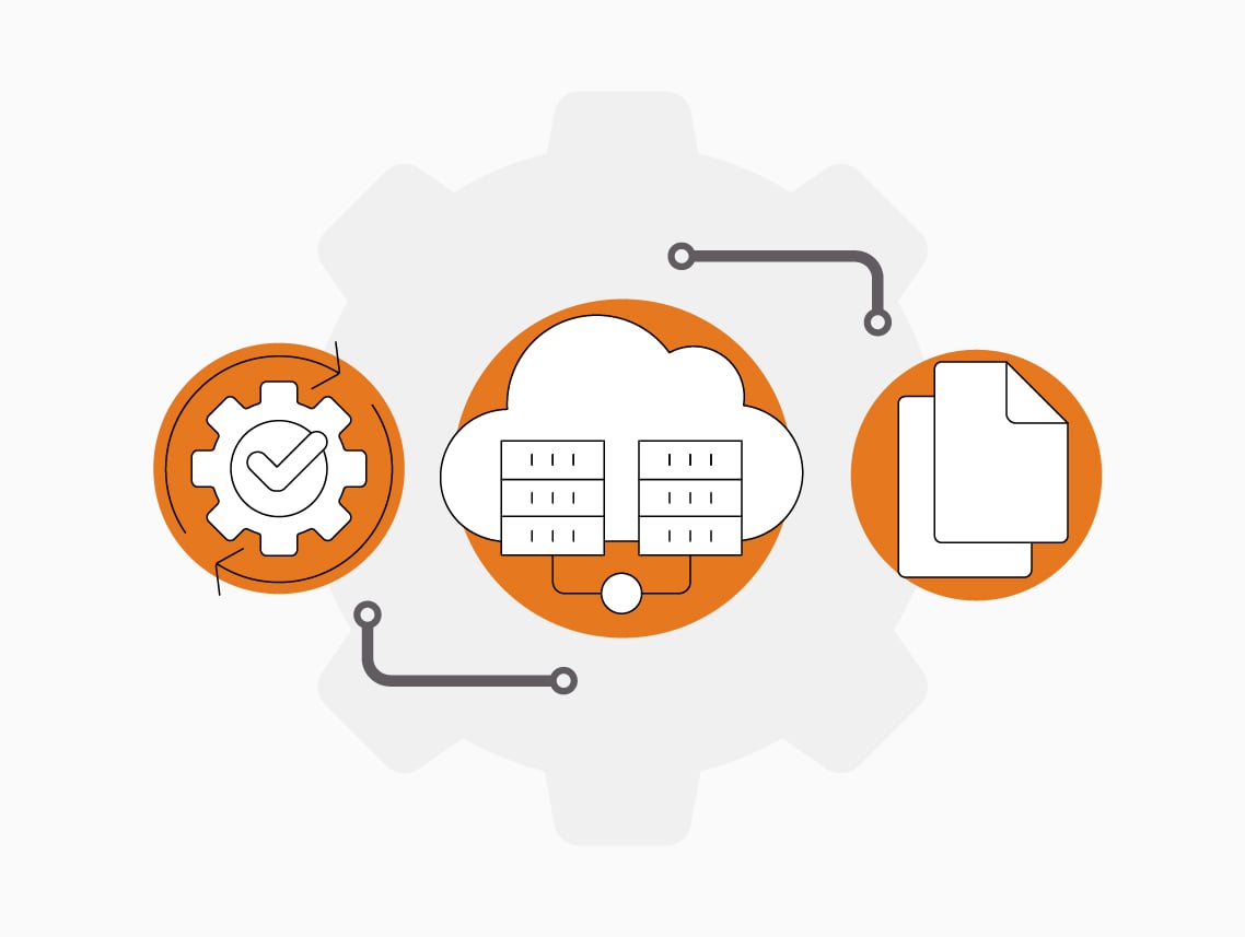 Three orange circular icons show a checked gear, cloud servers, and overlapping documents over a pale gray gear.