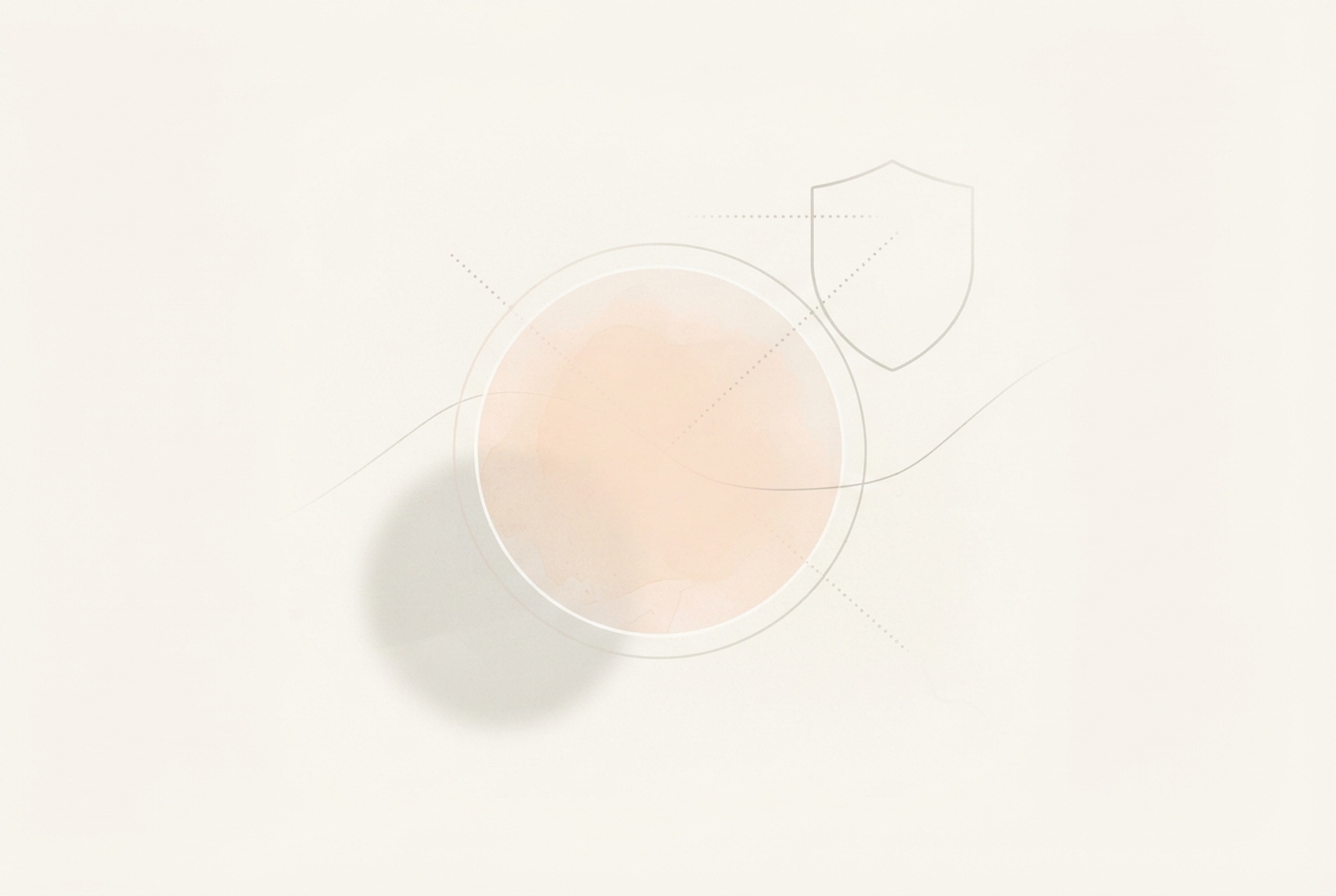 Abstract cream graphic with a peach circular form, faint rings, curved lines, dotted guides, and a shield outline.