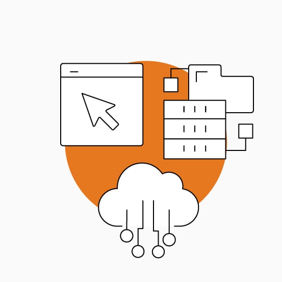 Line-art cloud computing illustration with a browser, folder, server rack, network nodes, and orange circle.