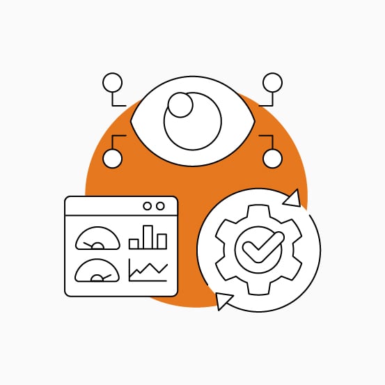 Line illustration of an eye, network nodes, analytics dashboard, and checked gear over an orange circle.