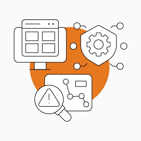 Black-and-orange cybersecurity illustration with browser, shield gear, network panel, and warning magnifying glass.